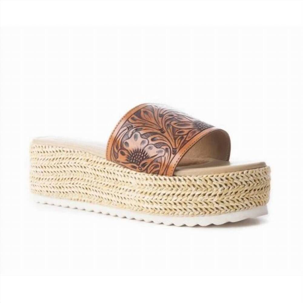 NEW LET'S SEE STYLE women's myra tooled leather platform slides in beige